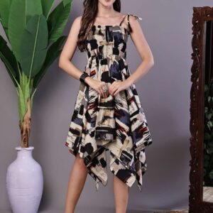 Women's Abstract Print Smocked Asymmetrical Hem Dress Midi Dresses