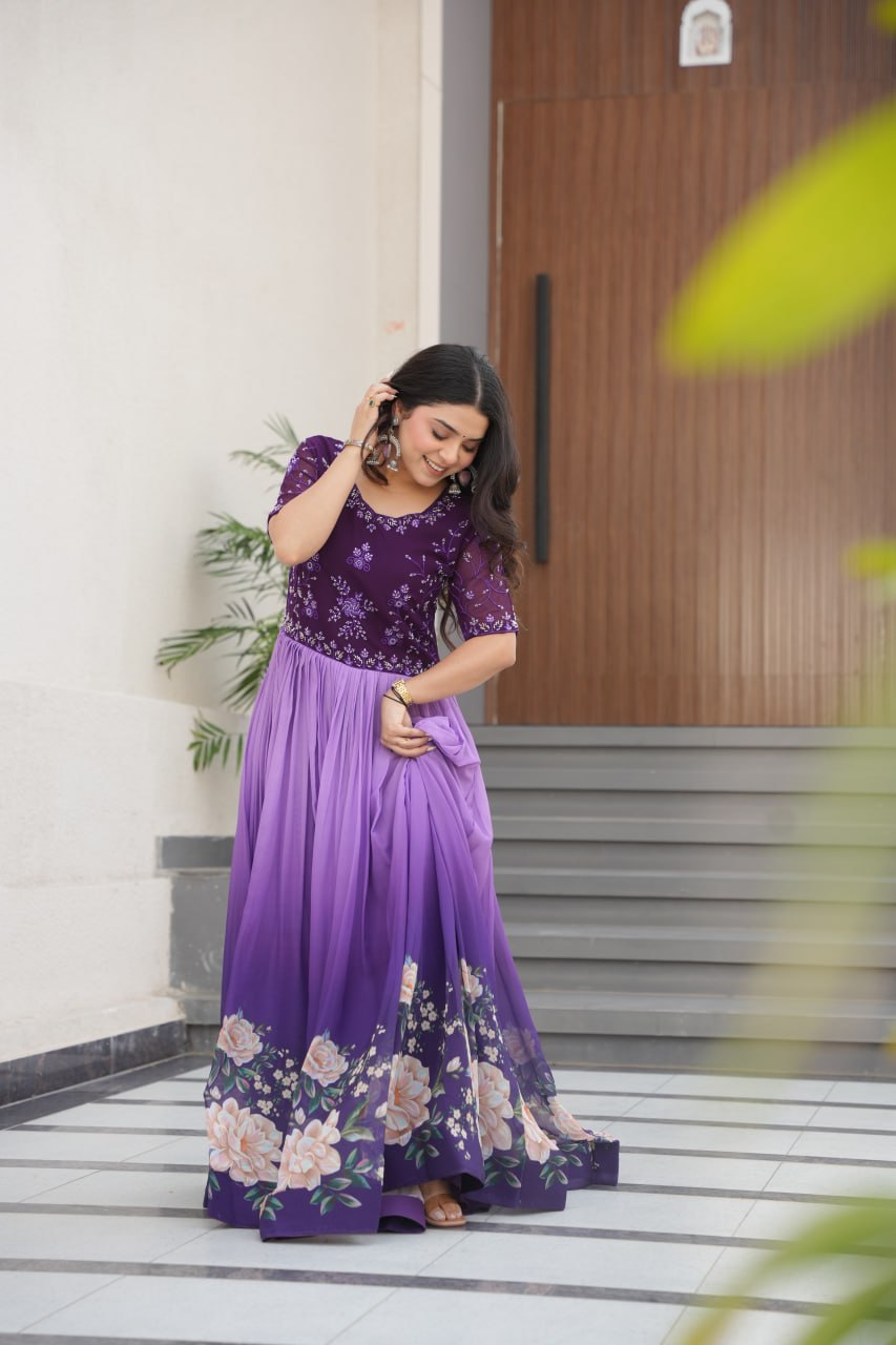 Women's Elegant Teal & Aqua Ombre Gown with Floral Printed Flair & Embellished Bodice – Perfect for Summer Festivities & Parties - Image 13