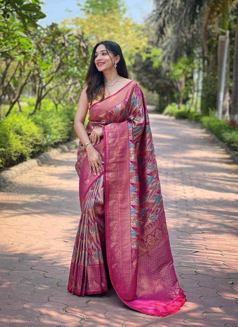 Women's Luxurious Pista Green & Pink Art Silk Saree with Intricate Leaf Weave & Broad Zari Border – Ideal for Festive & Wedding Occasions - Image 11