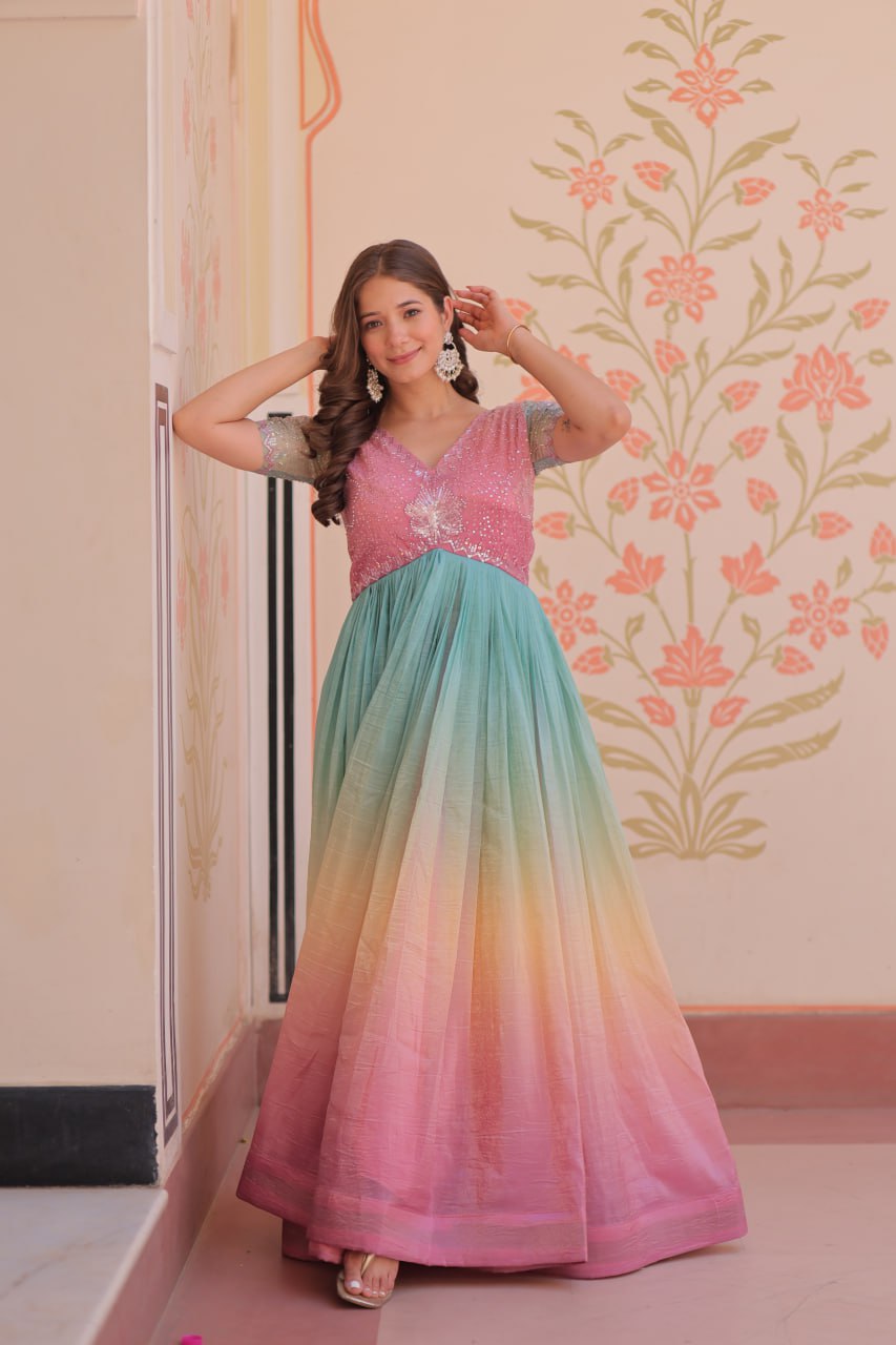 Women's Dual-Tone Ombre Gown in Candy Pink & Aqua Green with Embroidered Bodice – Festive & Contemporary Wear - Image 6
