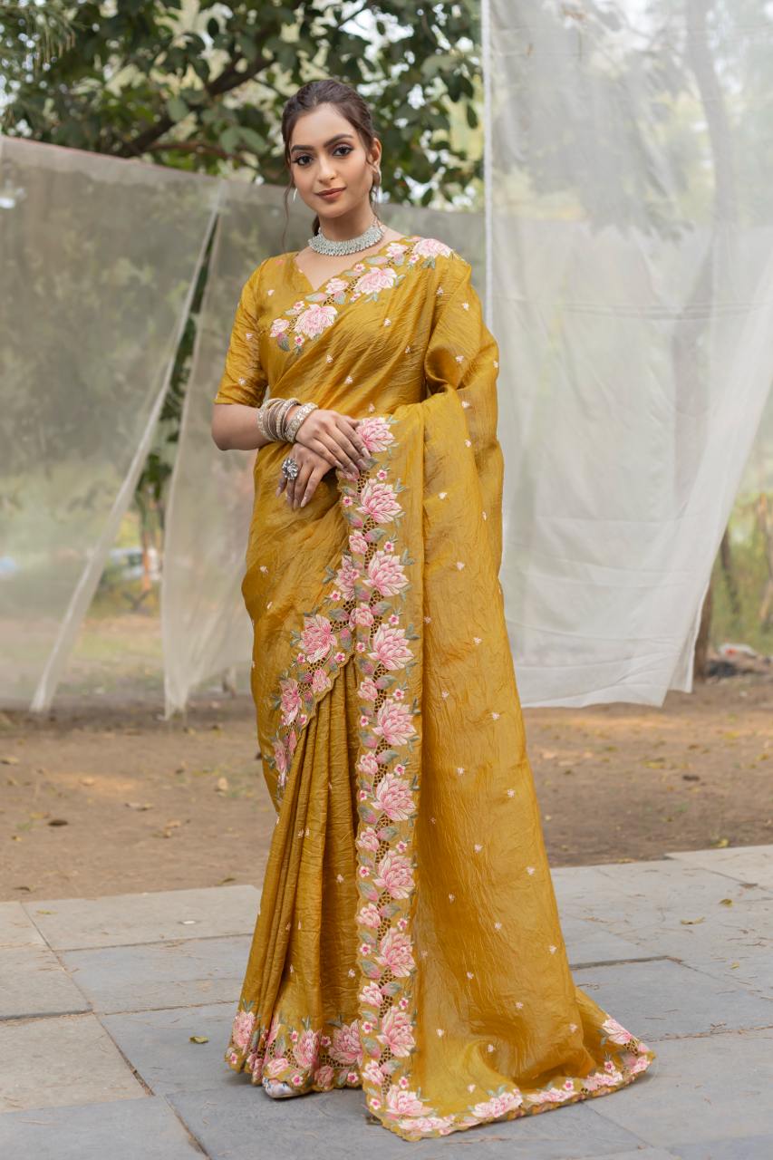 Women's Pristine White Organza Saree with Exquisite Pink & Green Floral Thread Embroidery β Complete with Matching Embroidered Blouse for Festive & Summer Wear - Image 9