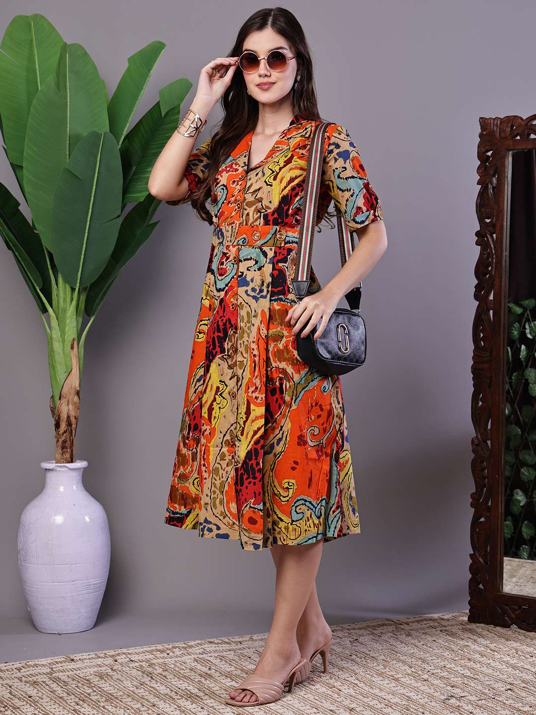 Women's Bohemian Chic Multi-Color Paisley Print Cotton Collared Midi Dress