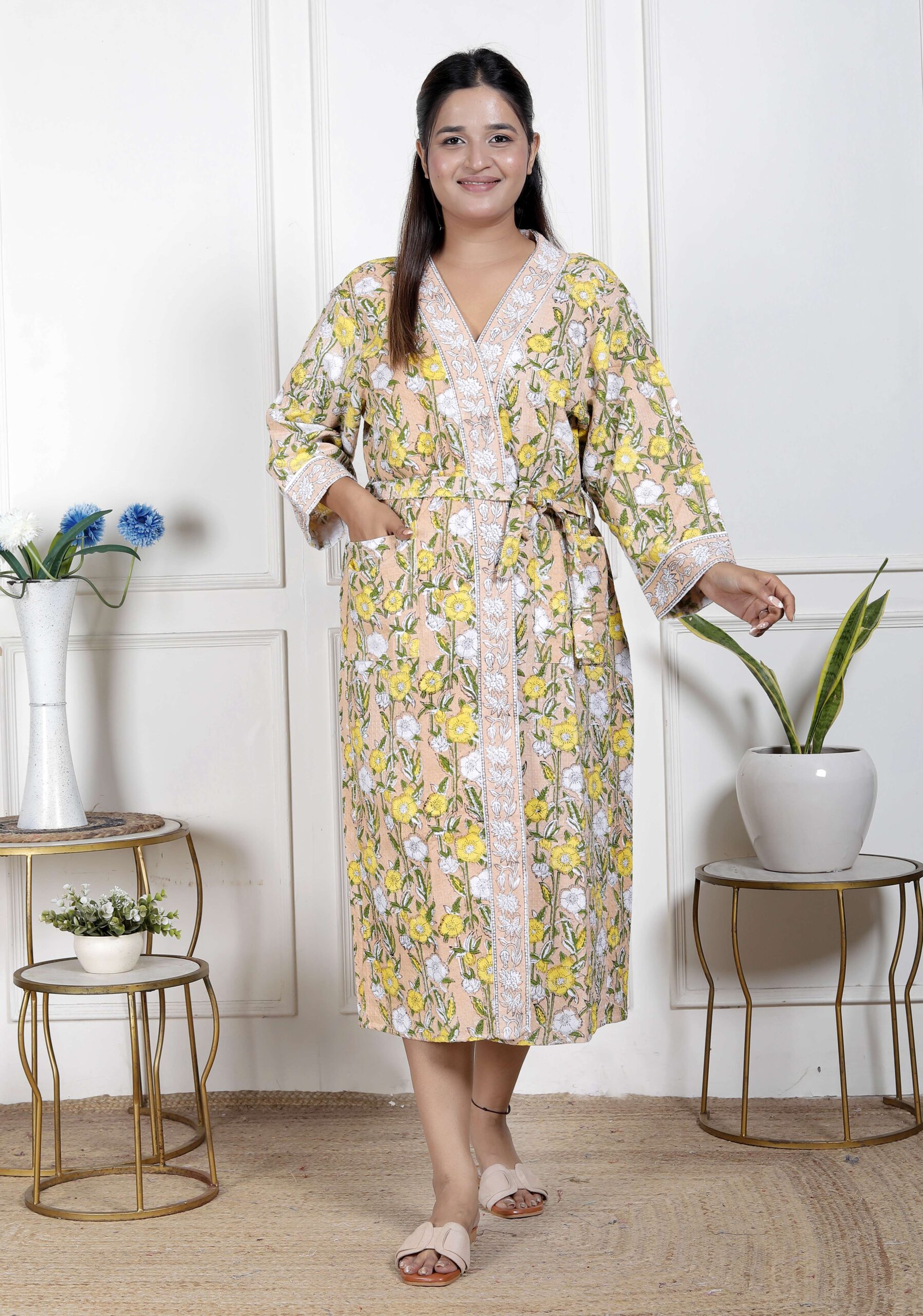 Handcrafted Cotton Block Printed Long Robe | Comfortable Loungewear & Bathrobe for Women