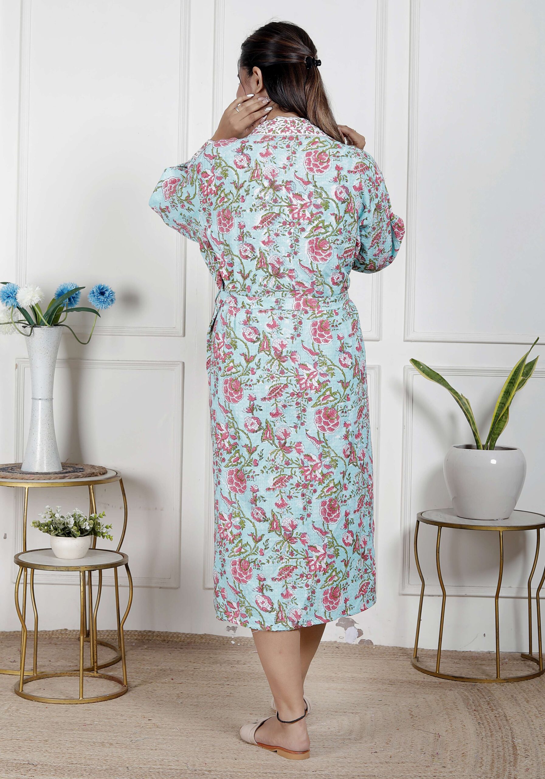Handcrafted Cotton Block Printed Long Robe | Comfortable Loungewear & Bathrobe for Women - Image 2