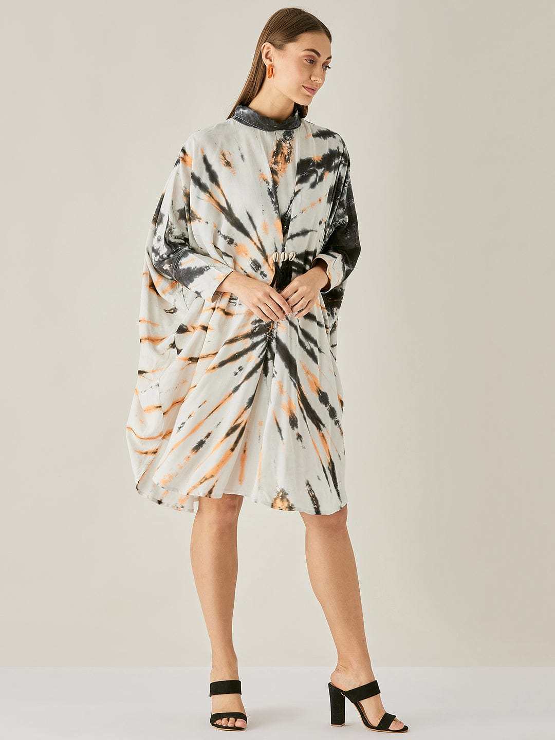 Women's Cotton Tie Dye Print Knee Length Mock Neck, Long Sleeve Kaftan Drees ( Black White ) - Image 2