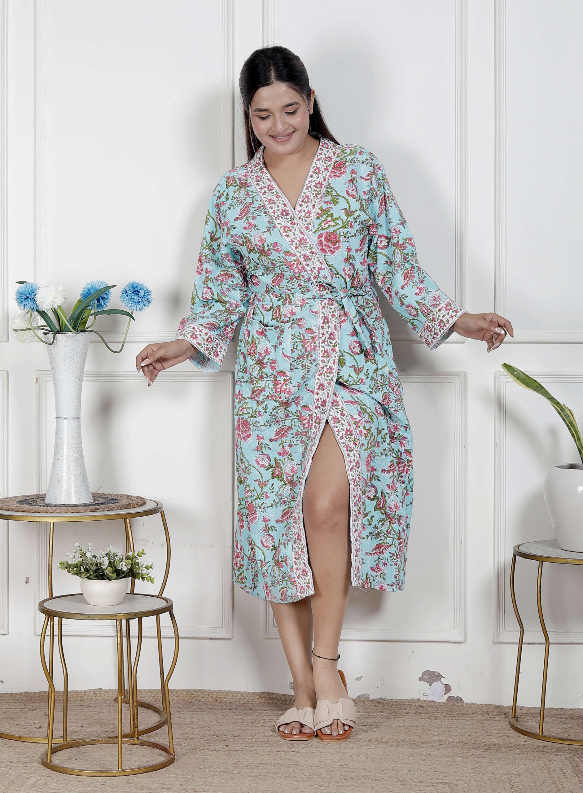 Handcrafted Cotton Block Printed Long Robe | Comfortable Loungewear & Bathrobe for Women - Image 4