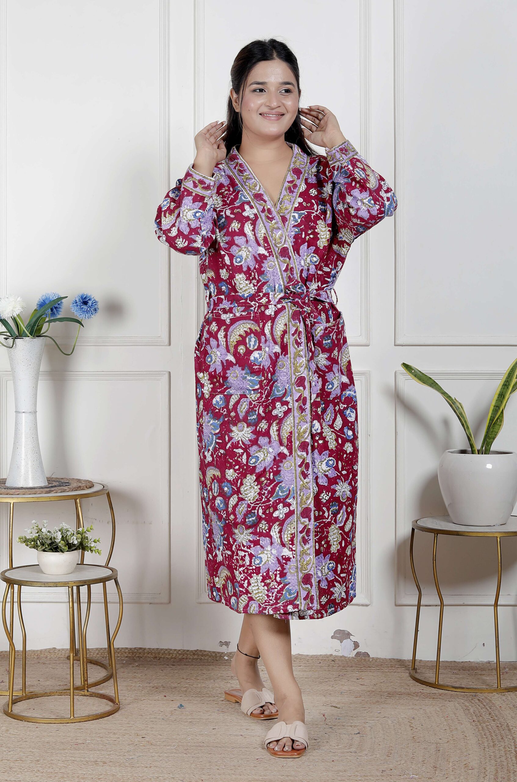 Handcrafted Cotton Block Printed Long Robe | Comfortable Loungewear & Bathrobe for Women - Image 6