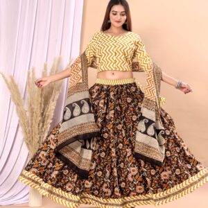 Women’s Mustard Yellow Cotton Printed Lehenga Choli Dupatta Set