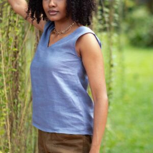 Women's Cotton Solid V Neck Sleeveless 2 Piece Outfit Loose Tank Top and Wide Leg Palazzo Pants Sets cord set ( Blue )