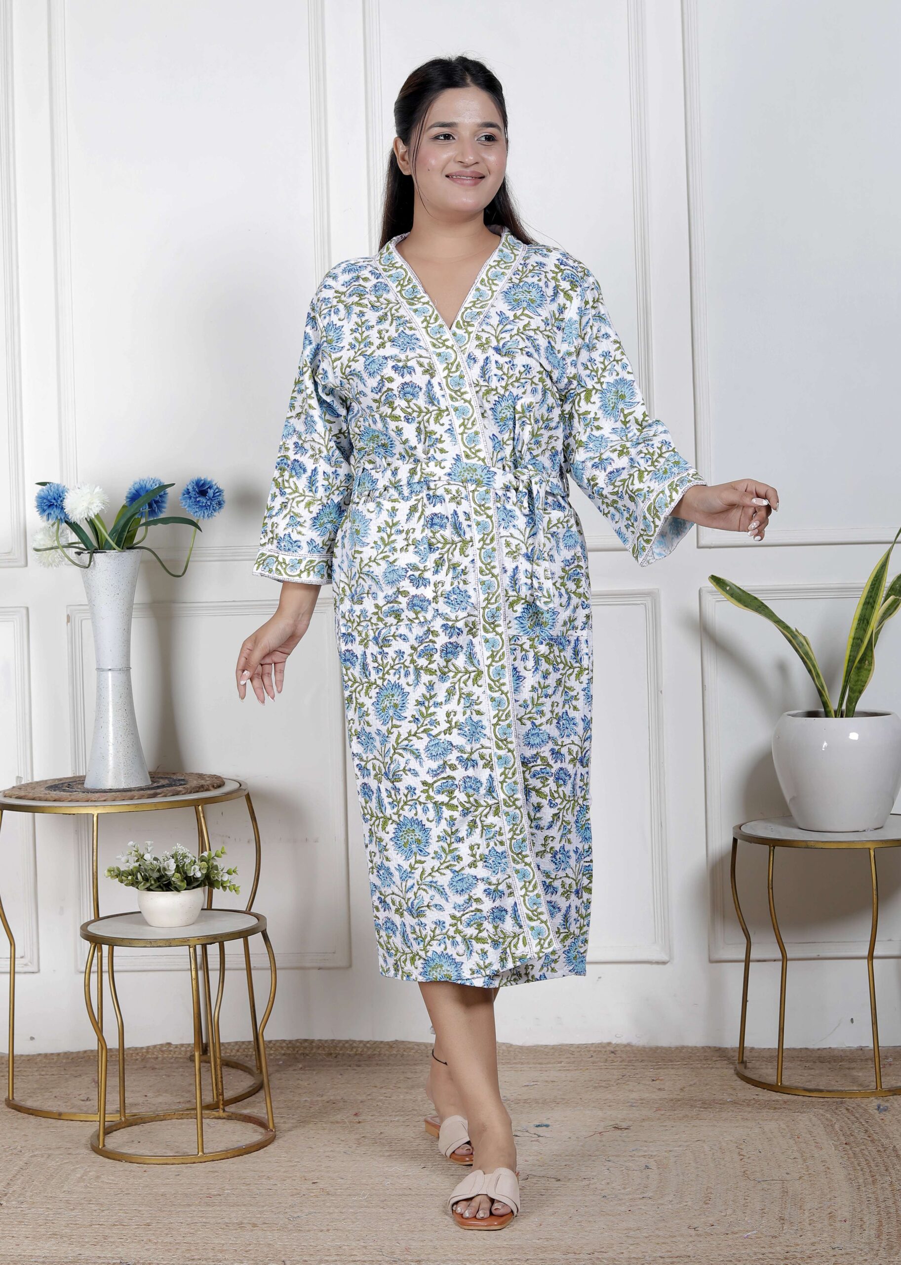 Handcrafted Cotton Block Printed Long Robe | Comfortable Loungewear & Bathrobe for Women - Image 3