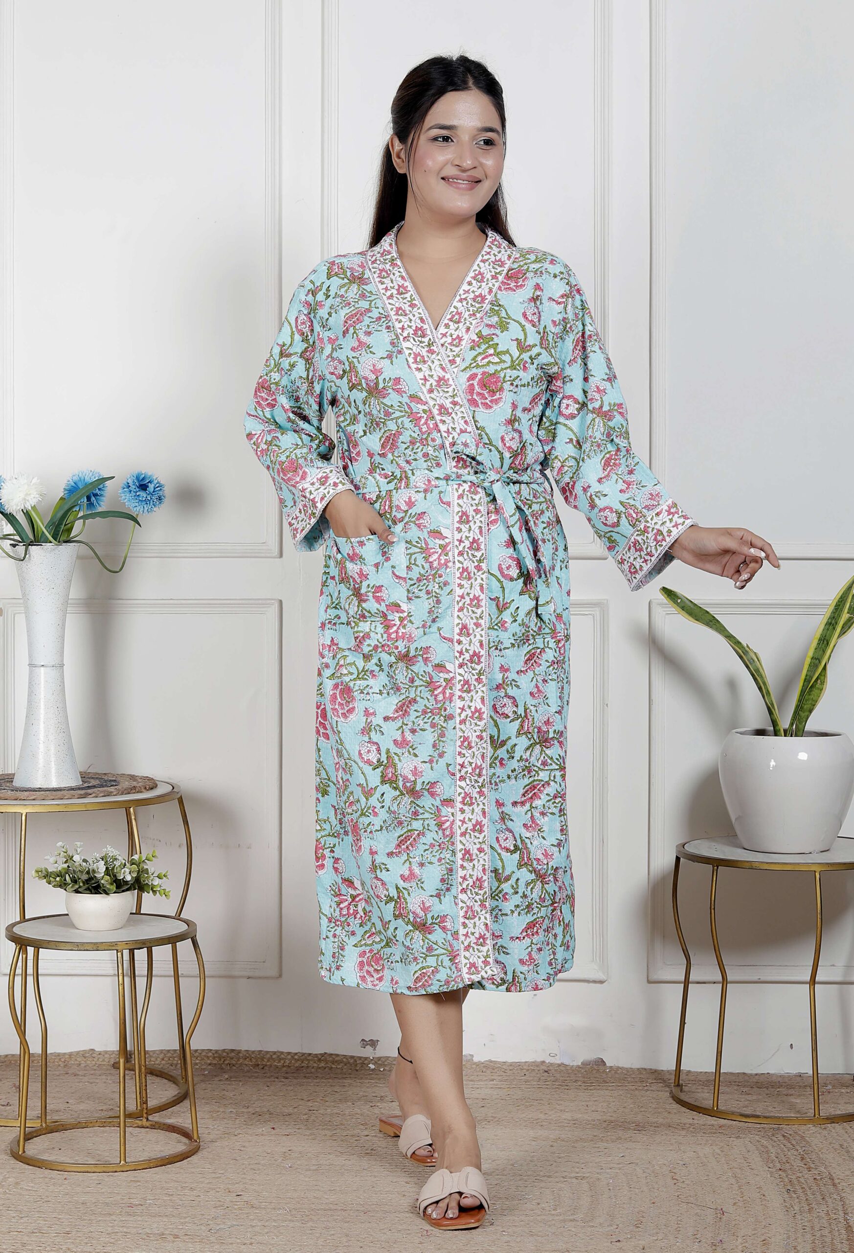 Handcrafted Cotton Block Printed Long Robe | Comfortable Loungewear & Bathrobe for Women