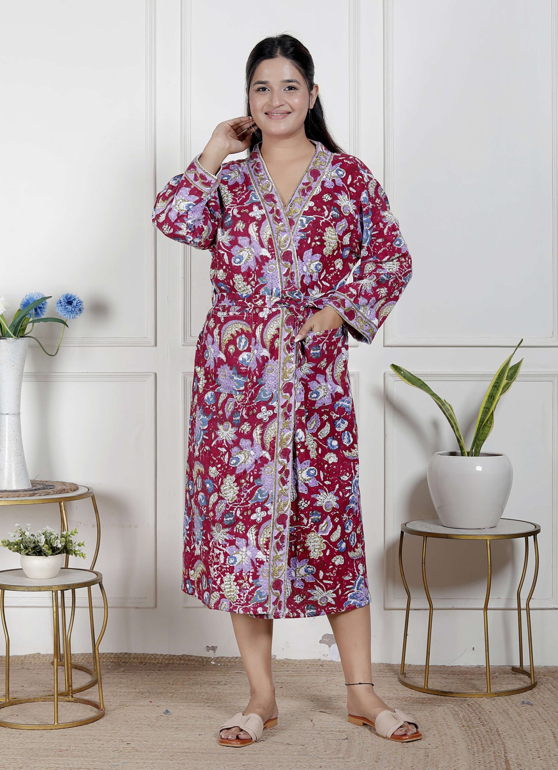 Handcrafted Cotton Block Printed Long Robe | Comfortable Loungewear & Bathrobe for Women - Image 5