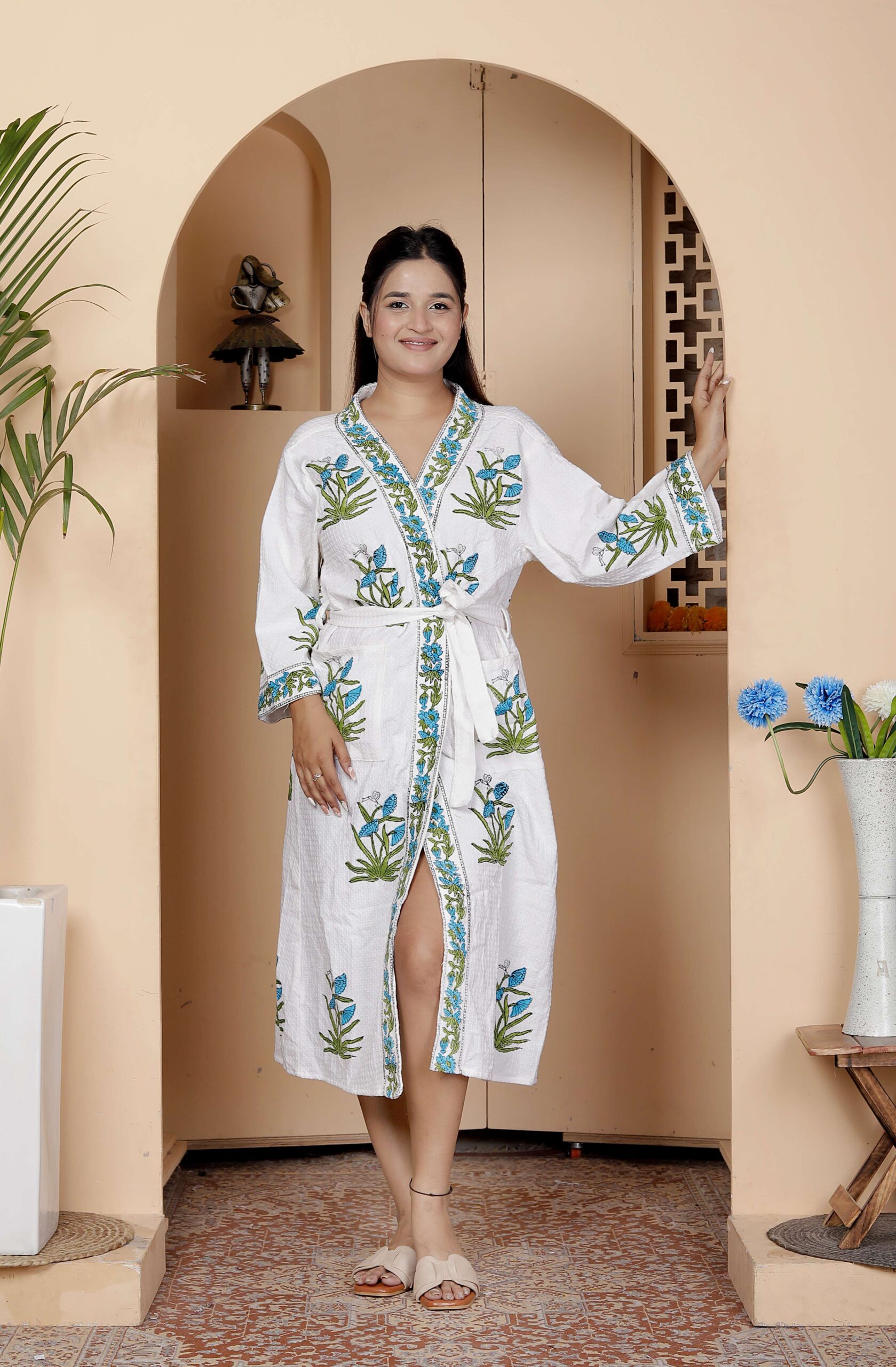 Handcrafted Cotton Block Printed Long Robe | Comfortable Loungewear & Bathrobe for Women