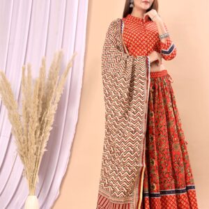 Women’s Red Cotton Printed Lehenga Choli Dupatta Set