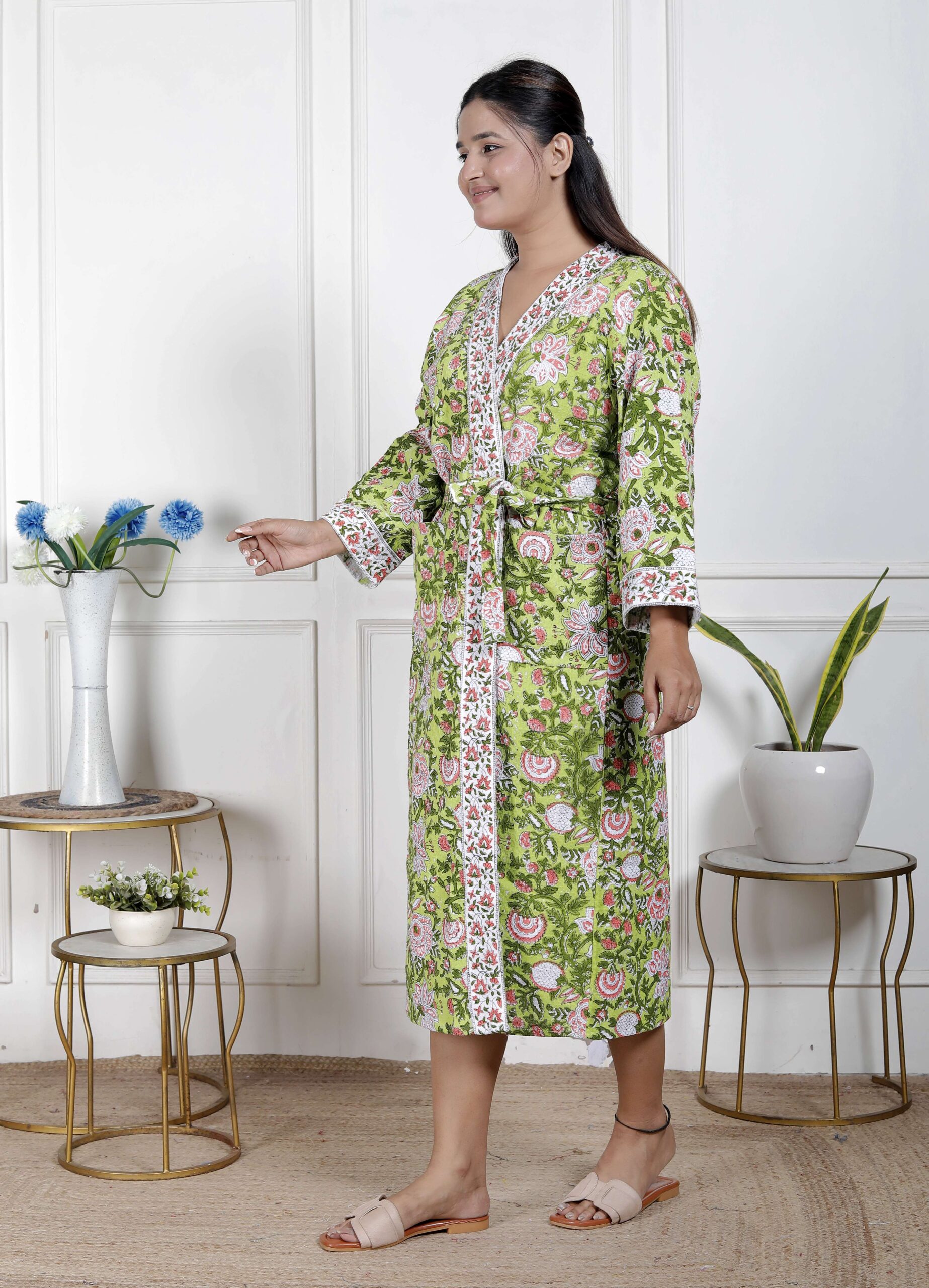 Handcrafted Cotton Block Printed Long Robe | Comfortable Loungewear & Bathrobe for Women - Image 4