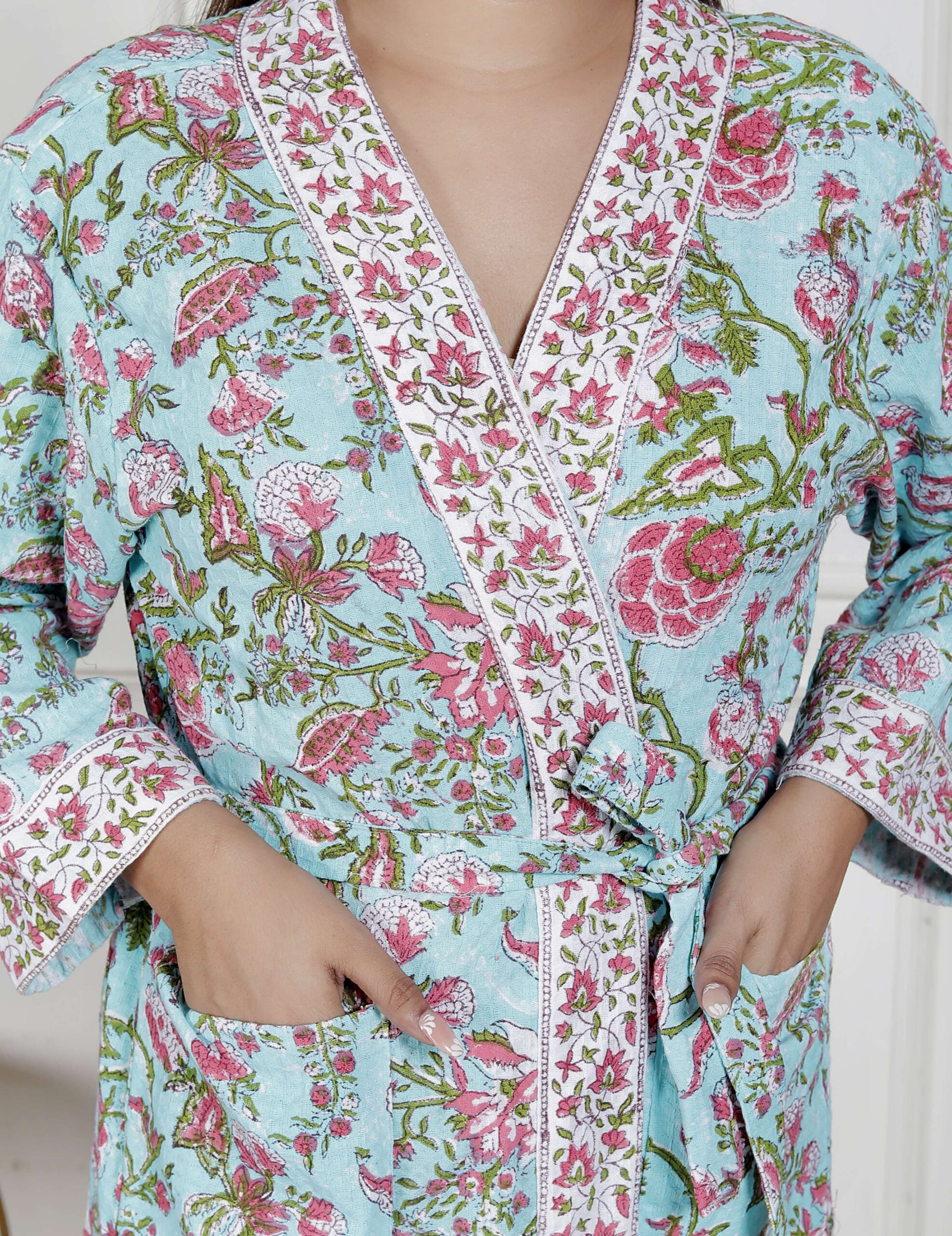 Handcrafted Cotton Block Printed Long Robe | Comfortable Loungewear & Bathrobe for Women - Image 6
