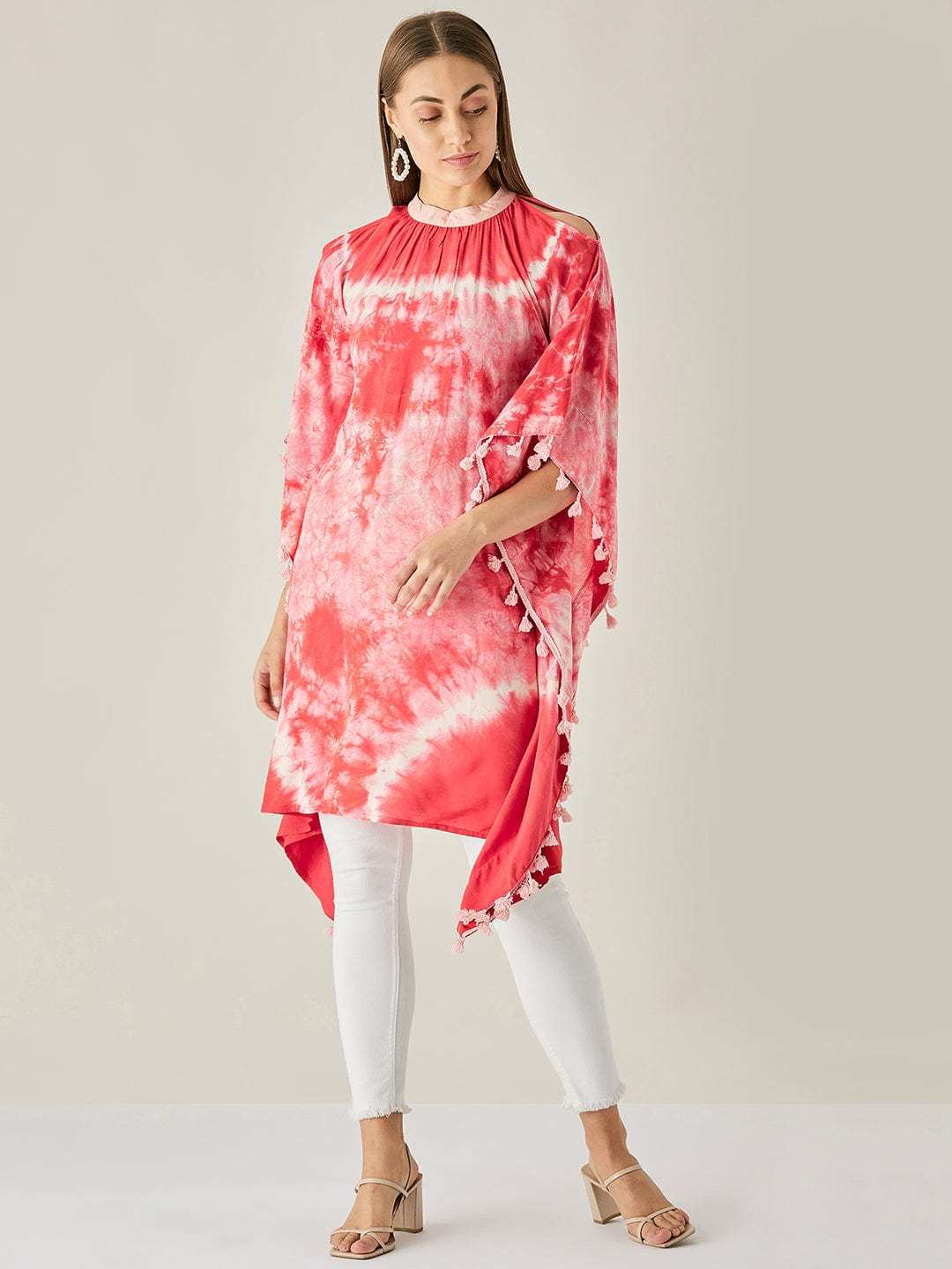 Women's Cotton Tie Dye Print Knee Length Mock Neck, Long Sleeve Kaftan Drees ( Red ) - Image 2