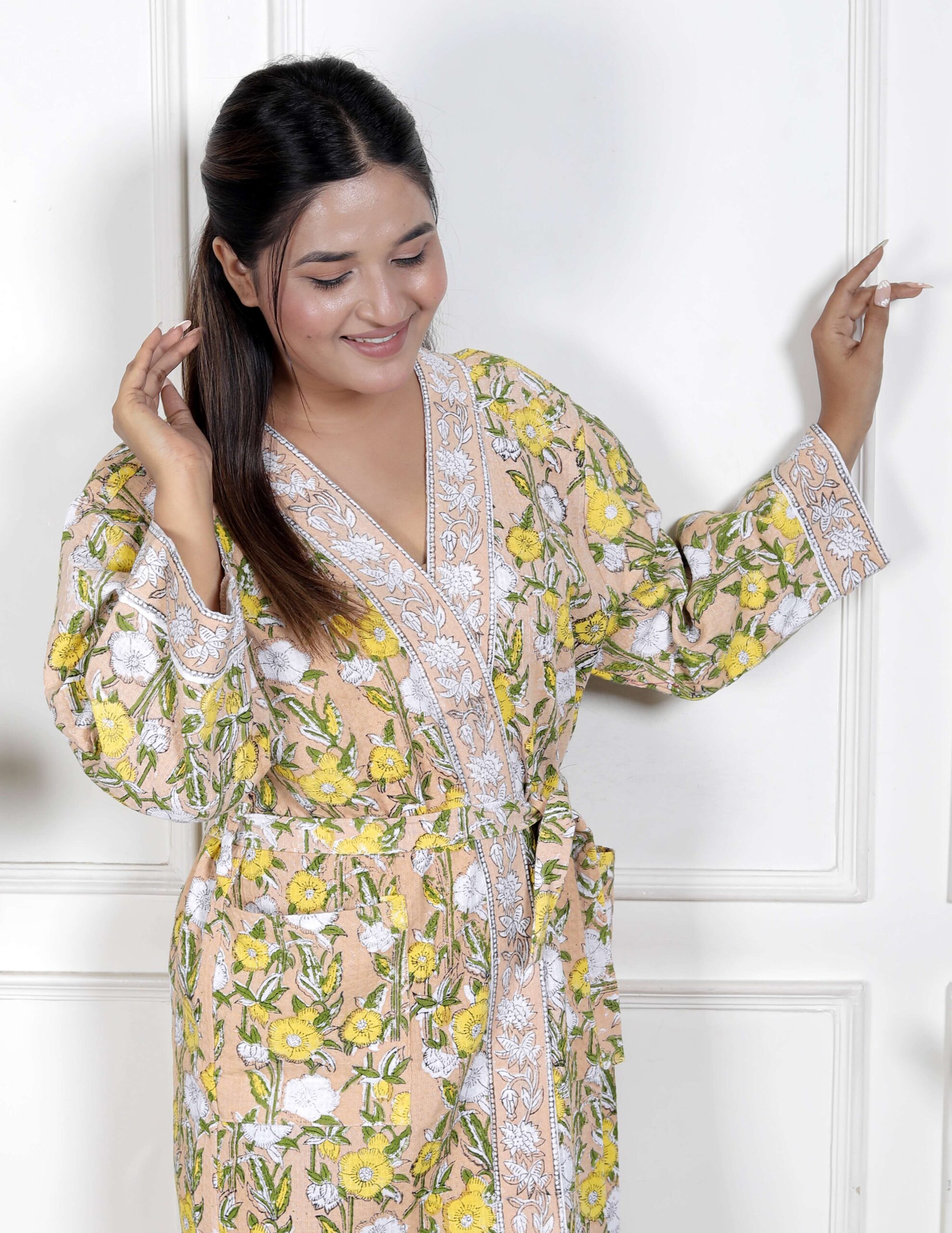 Handcrafted Cotton Block Printed Long Robe | Comfortable Loungewear & Bathrobe for Women - Image 5