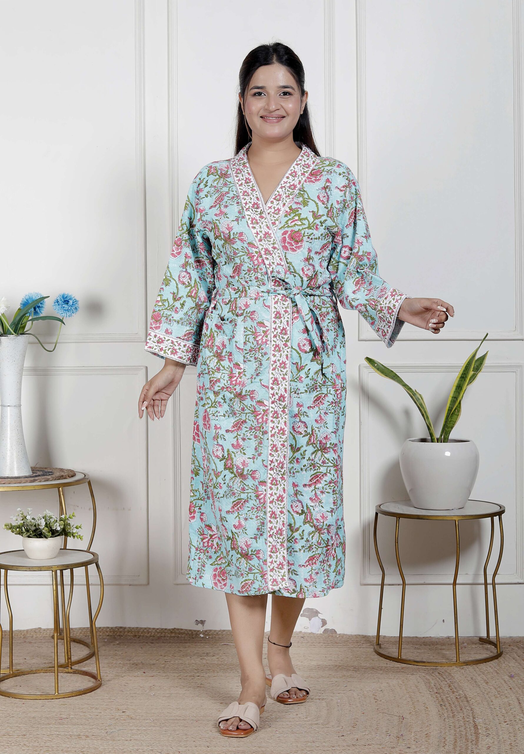 Handcrafted Cotton Block Printed Long Robe | Comfortable Loungewear & Bathrobe for Women - Image 3