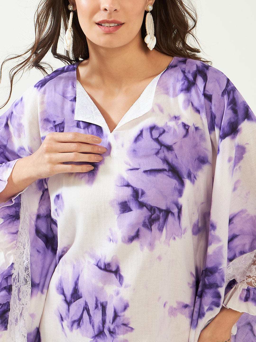 Women's Cotton Tie Dye Print Knee Length Kaftan Drees Beach Cover Up, Spring Casual Wear ( Purple White ) - Image 4