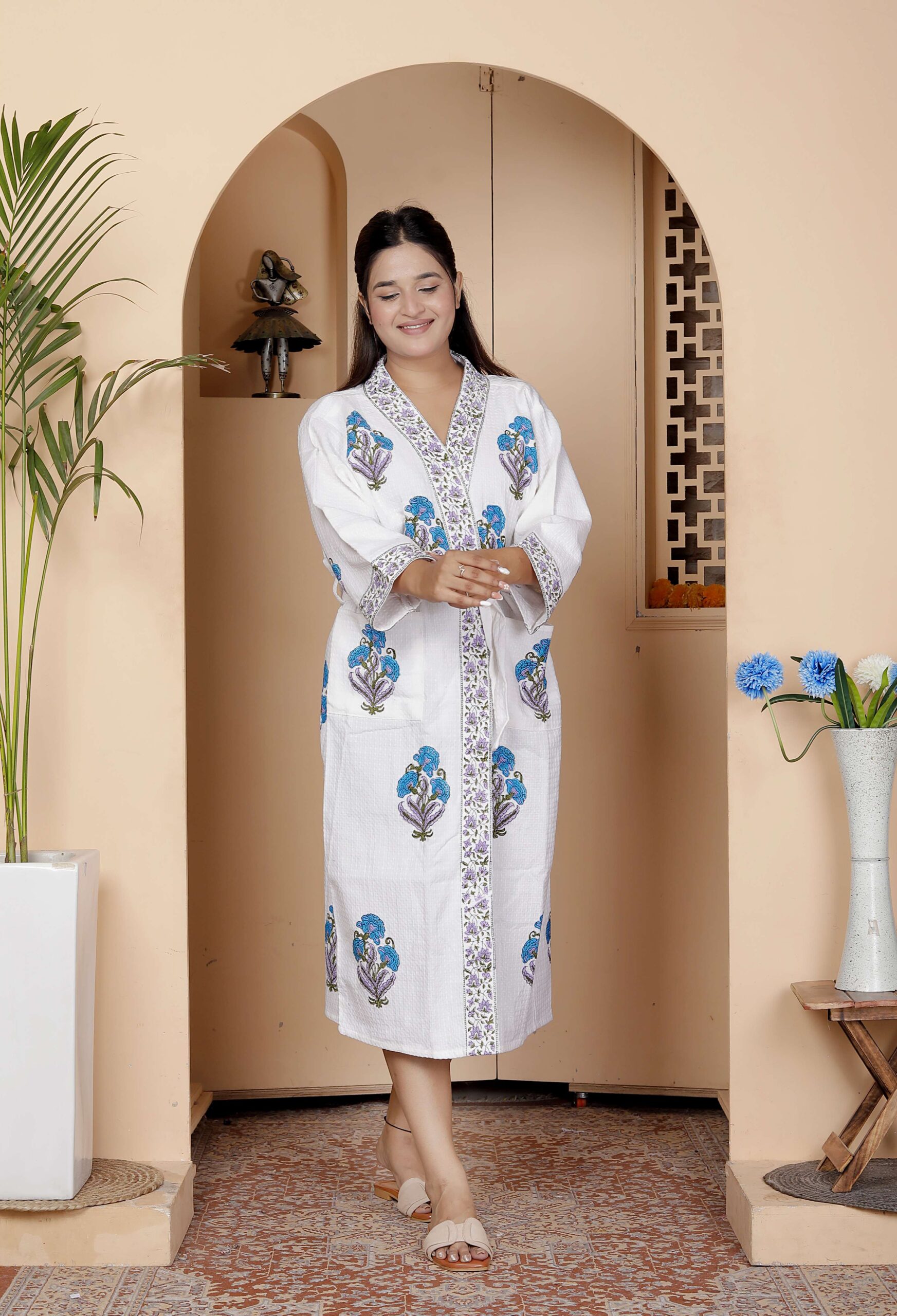 Handcrafted Cotton Block Printed Long Robe | Comfortable Loungewear & Bathrobe for Women - Image 5