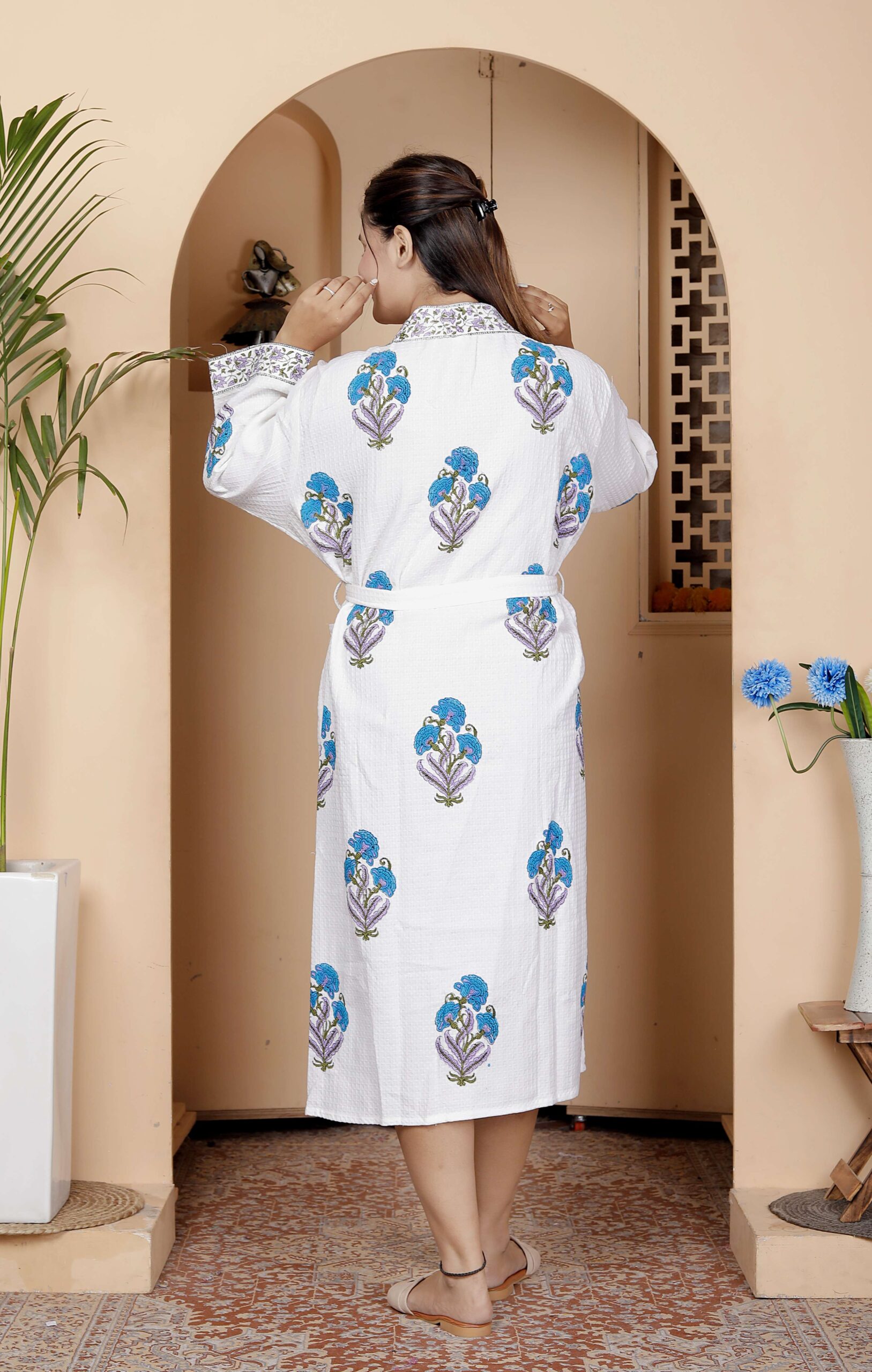 Handcrafted Cotton Block Printed Long Robe | Comfortable Loungewear & Bathrobe for Women - Image 2