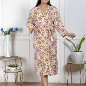 Handcrafted Cotton Block Printed Long Robe | Comfortable Loungewear & Bathrobe for Women