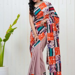 Women's Multicolor Abstract Patchwork Printed Saree with Contrast Blouse Piece Elegant Ethnic Wear